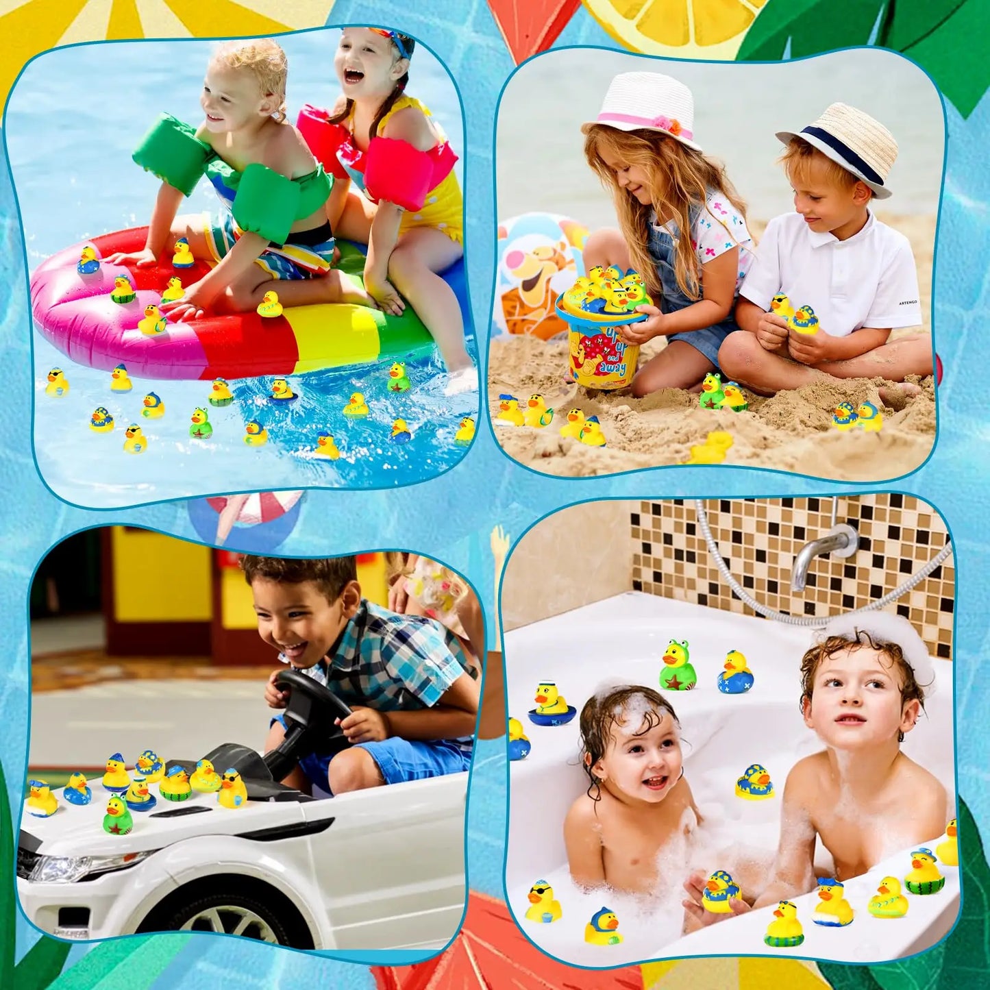 24Pack Summer Rubber Ducks Party Favors, Assorted Beach Rubber Ducks with Net Bag for Pool Beach Toys,Summer Birthday Gifts Holi