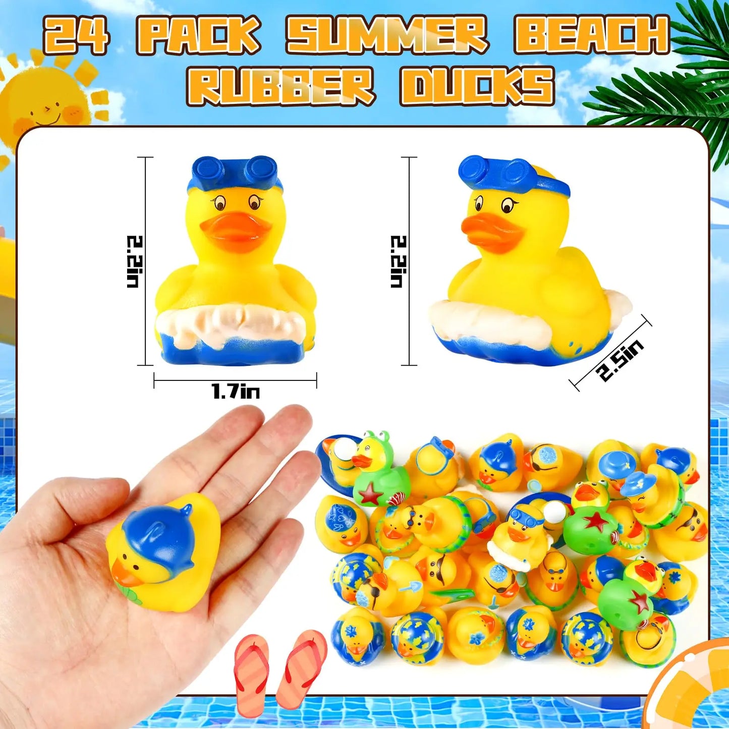 24Pack Summer Rubber Ducks Party Favors, Assorted Beach Rubber Ducks with Net Bag for Pool Beach Toys,Summer Birthday Gifts Holi