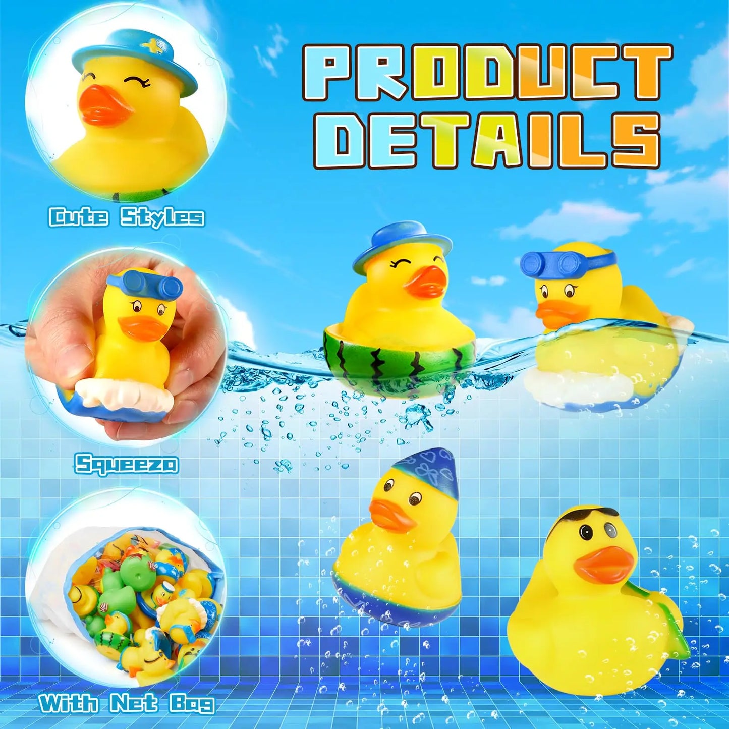 24Pack Summer Rubber Ducks Party Favors, Assorted Beach Rubber Ducks with Net Bag for Pool Beach Toys,Summer Birthday Gifts Holi