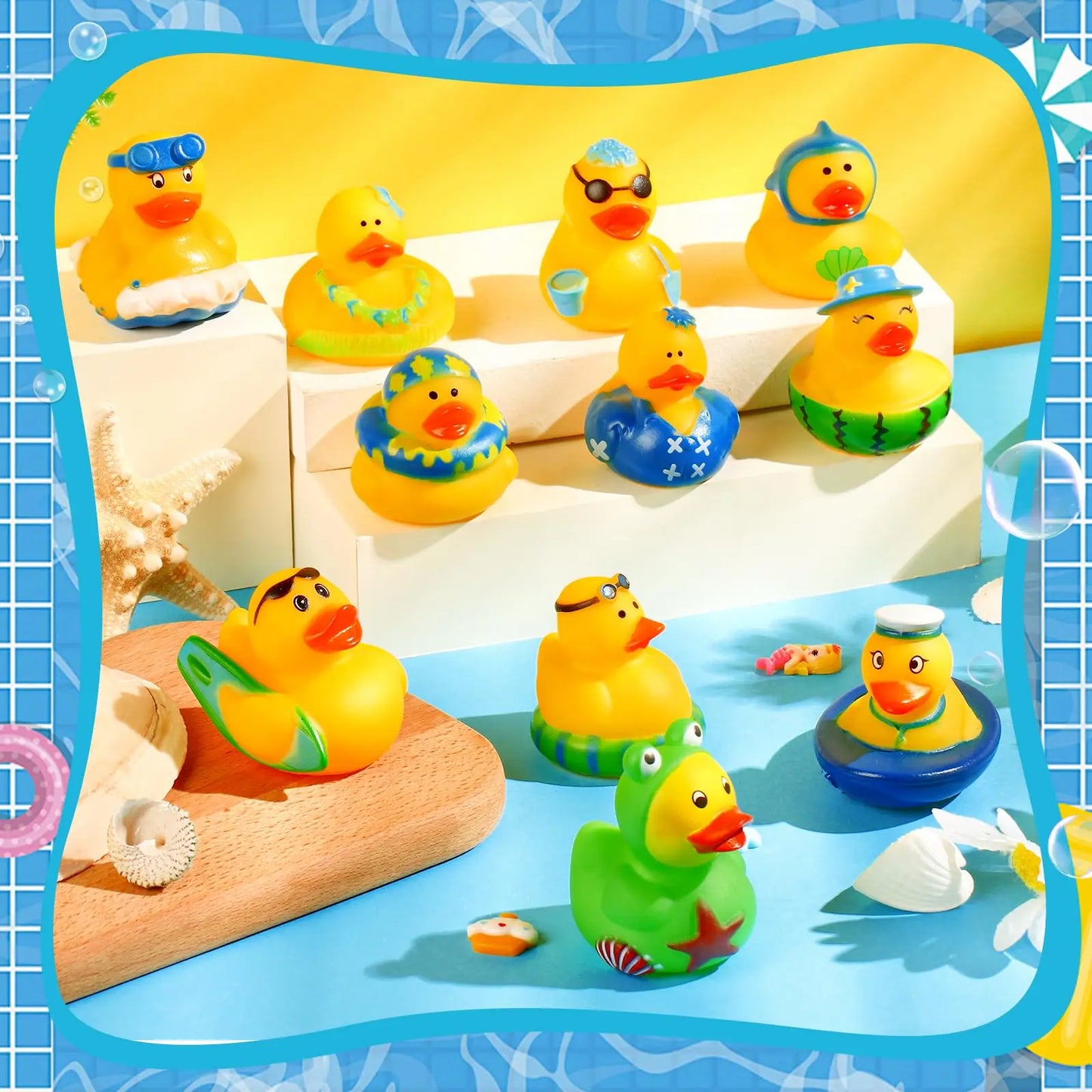 24Pack Summer Rubber Ducks Party Favors, Assorted Beach Rubber Ducks with Net Bag for Pool Beach Toys,Summer Birthday Gifts Holi