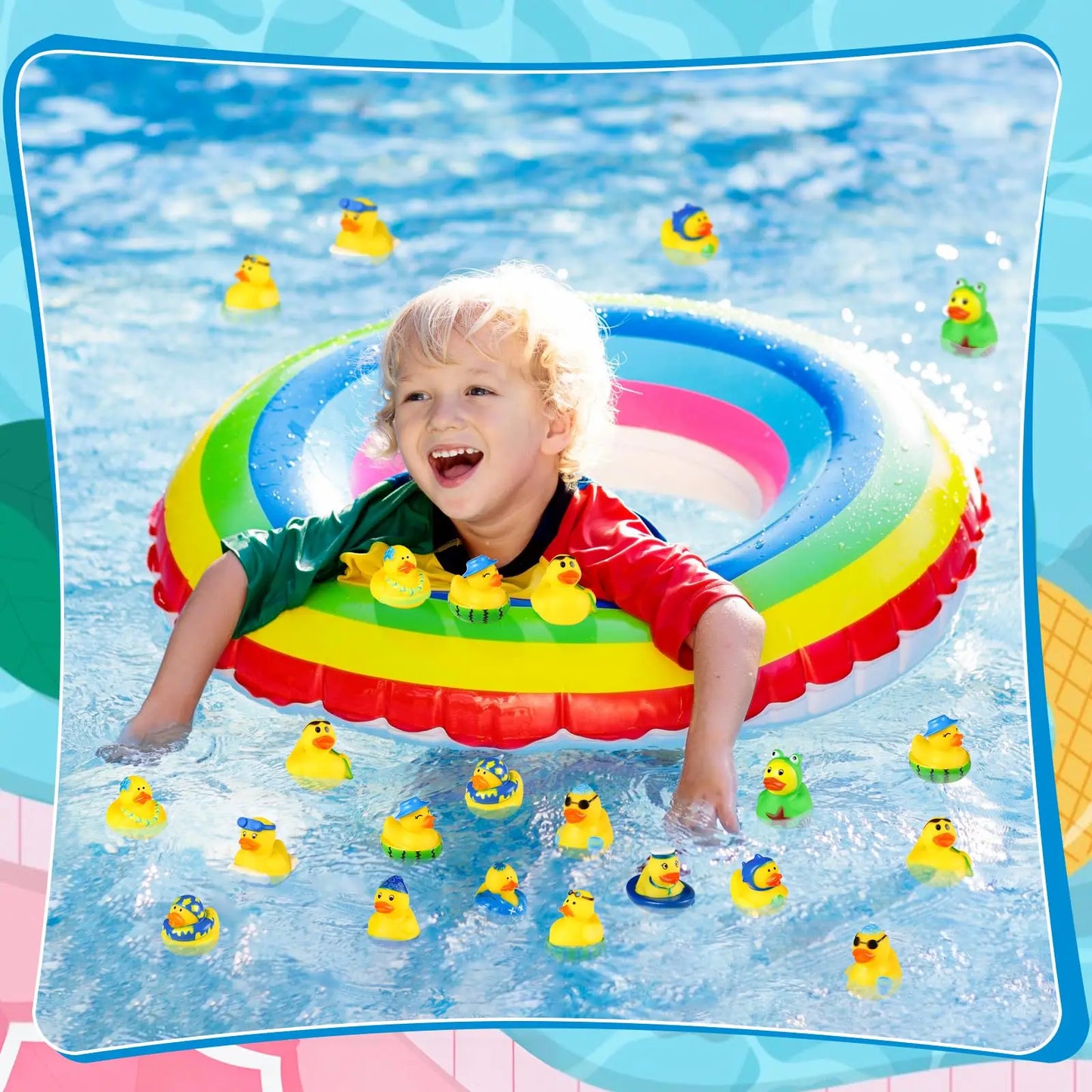 24Pack Summer Rubber Ducks Party Favors, Assorted Beach Rubber Ducks with Net Bag for Pool Beach Toys,Summer Birthday Gifts Holi