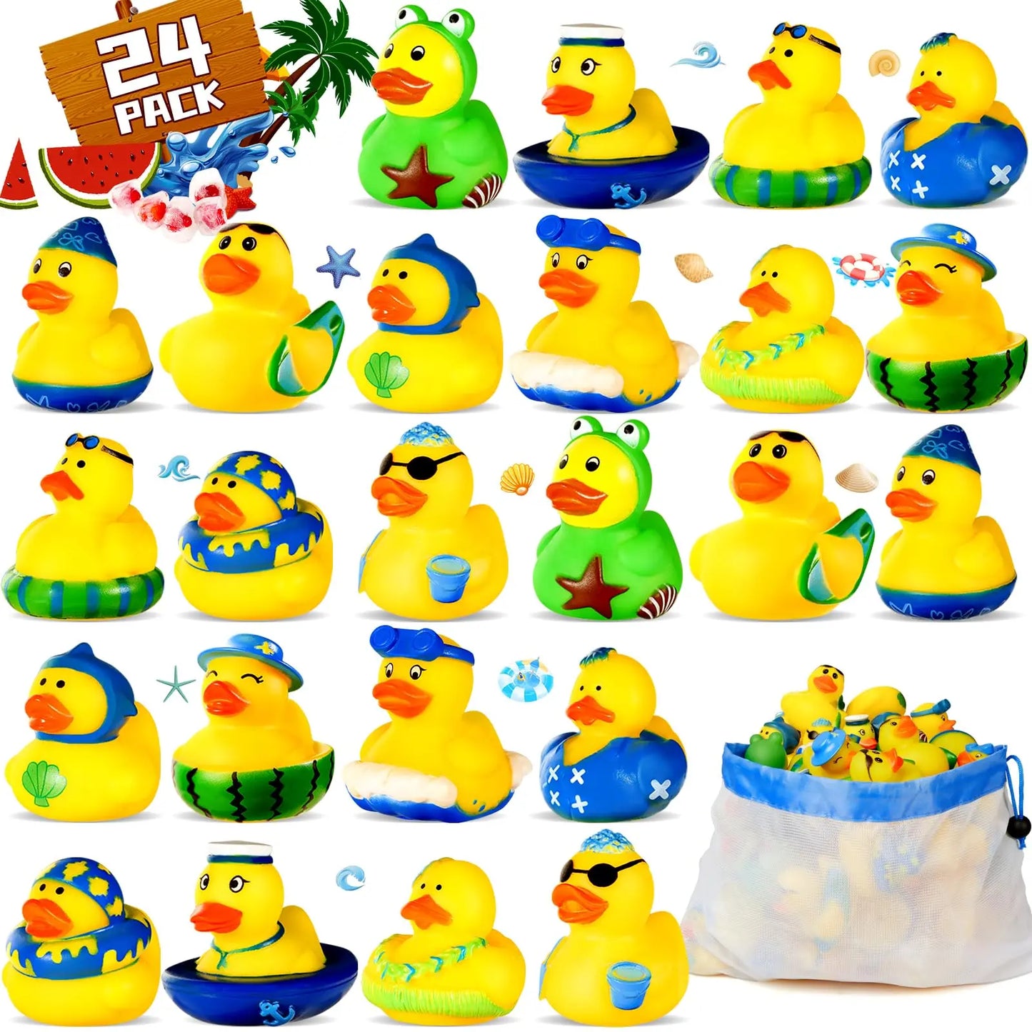 24Pack Summer Rubber Ducks Party Favors, Assorted Beach Rubber Ducks with Net Bag for Pool Beach Toys,Summer Birthday Gifts Holi